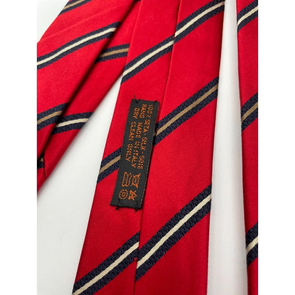 Dolcepunta Italy Red Striped 11-Fold Silk Necktie Hand Made Mens Tie
